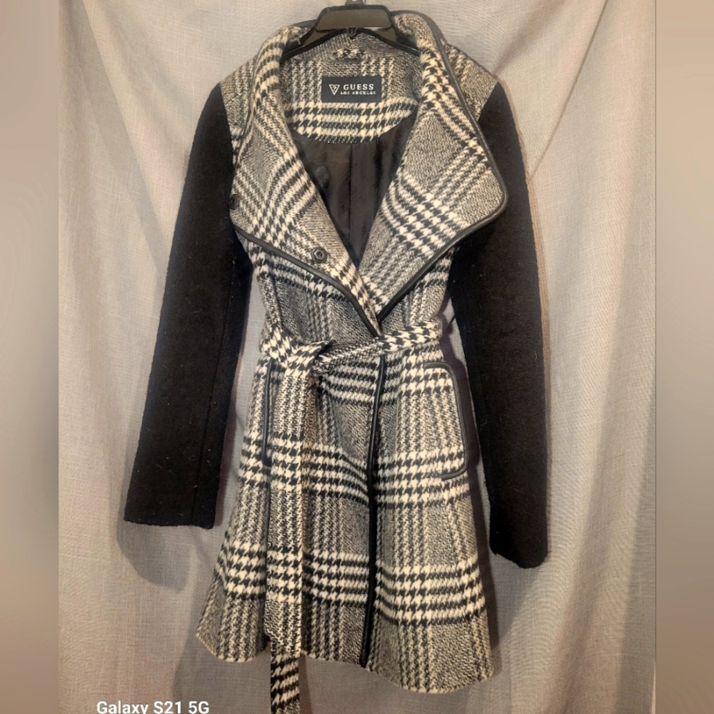 Guess Plaid Wool Wrap Peacoat
